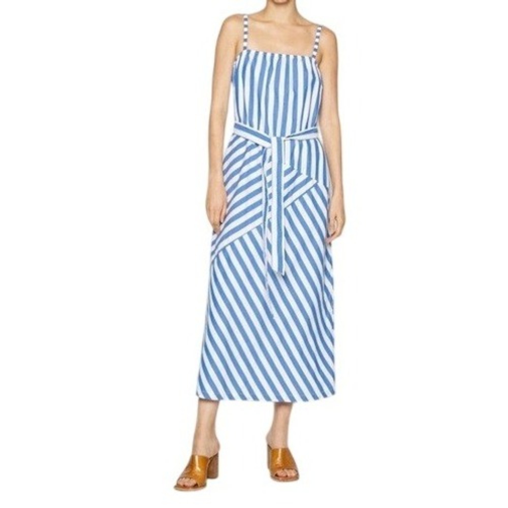 Gap Belted Patchwork Cabana Stripe Midi Dress Blue White Women's Medium